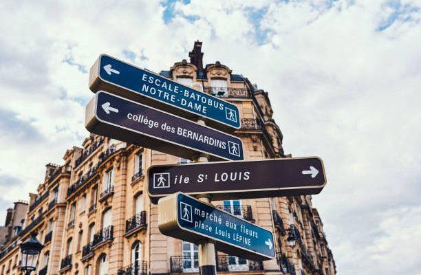 Shot of directional road signs in the city of paris